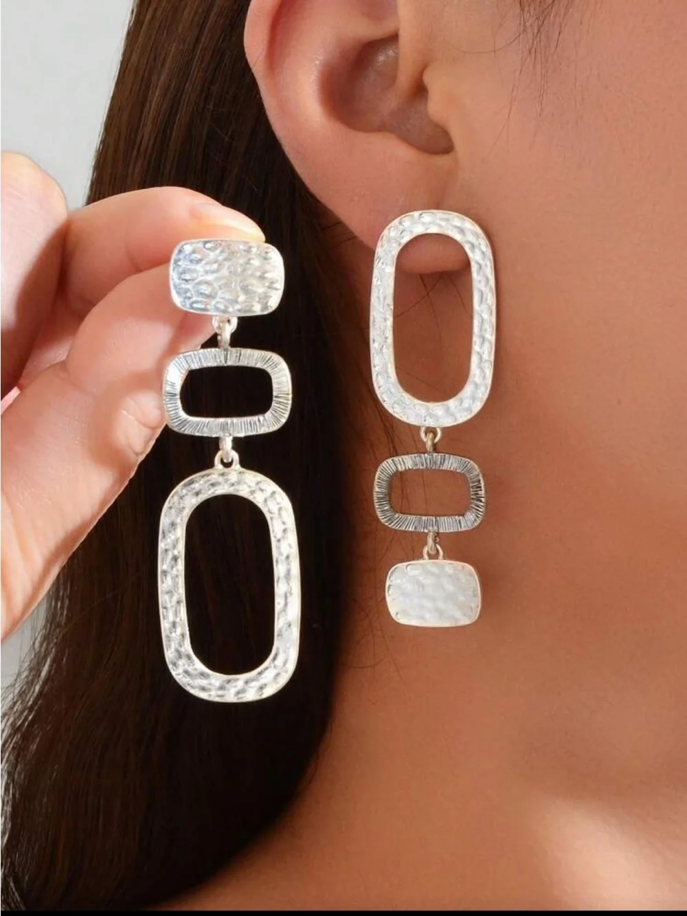 Silver Textured Geometric Drop Earrings - Women Jewelry